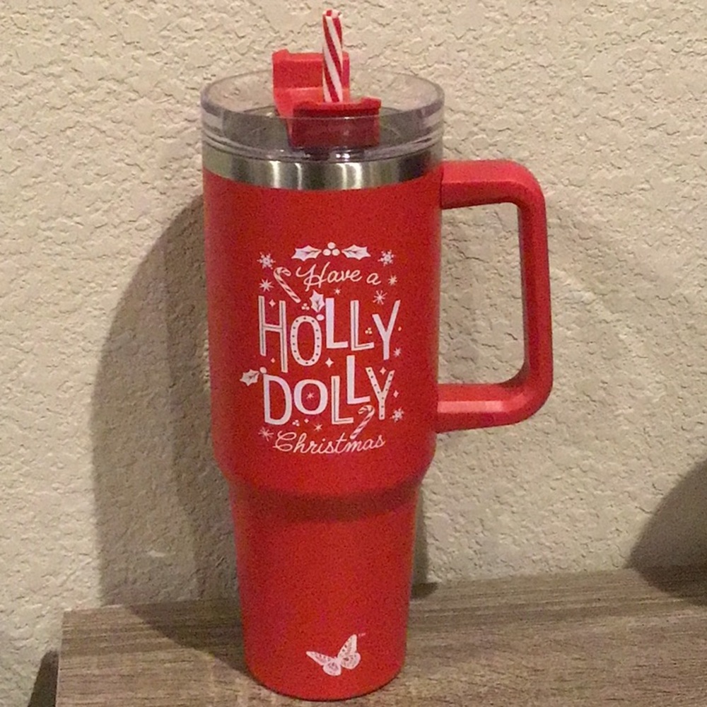 “Have a Holly Dolly Christmas” Stainless Steel Tumbler Red 2025 Peppermint Straw